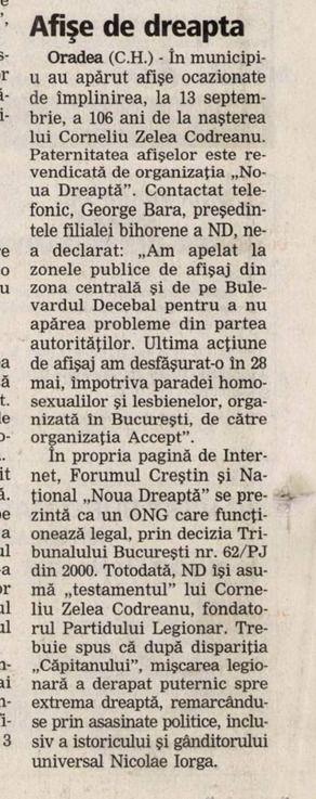 În 2005, presa locală îl identifica pe George Bara ca membru al organizației neolegionare Noua Dreaptă. Sursă foto: Jurnal Bihorean via Arcanum