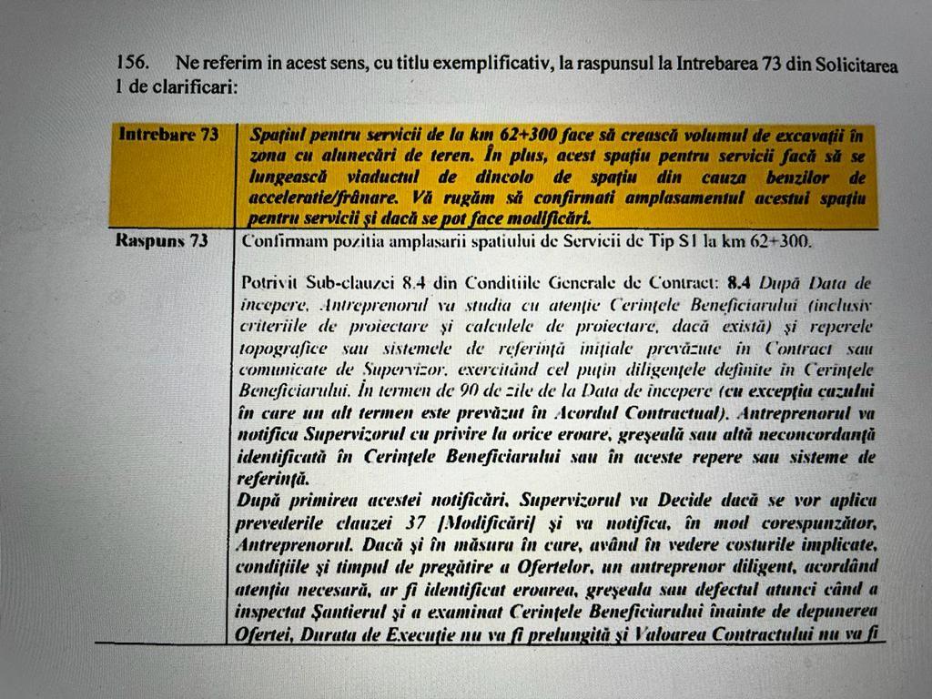 <meta charset="utf-8">Fragment din contestația depusă la CNSC de asocierea WeBuild-Tancrad la începutul lunii februarie. Clarificarea cerută de asociere este marcată cu galben. Răspunsul CNAIR apare dedesubt