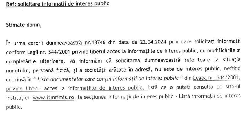 Răspunsul ITM Timiș la solicitarea PressOne
