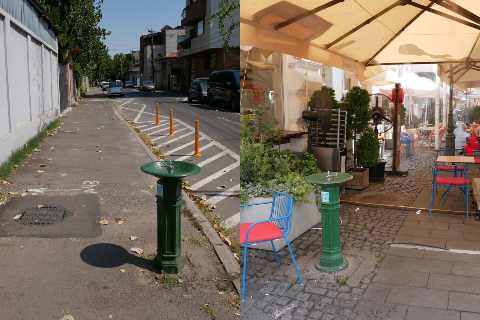 Două cișmele din București. Prima dintre ele se află în apropiere de Parcul Carol, lângă un atelier auto, însă pe o stradă prea puțin circulată. A doua este în Centrul Vechi, dar în jurul ei a fost amplasată o terasă. Foto și colaj: Norbert Nemeș <br>