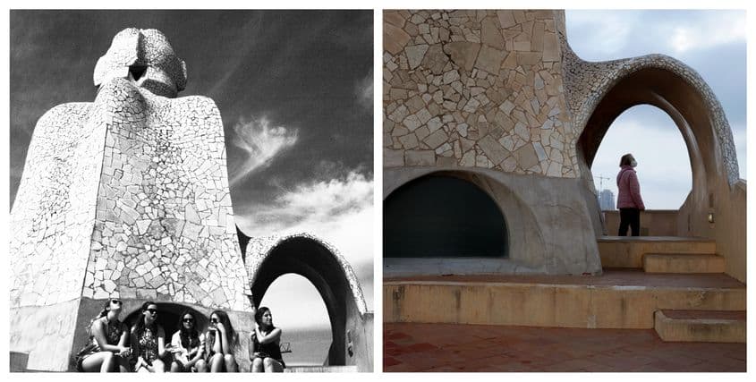 Revizitând celebra clădire La Pedrera, am reușit să număr cu chiu cu vai cinci turiști într-o vineri după masa. Aici vedere de pe terasă.