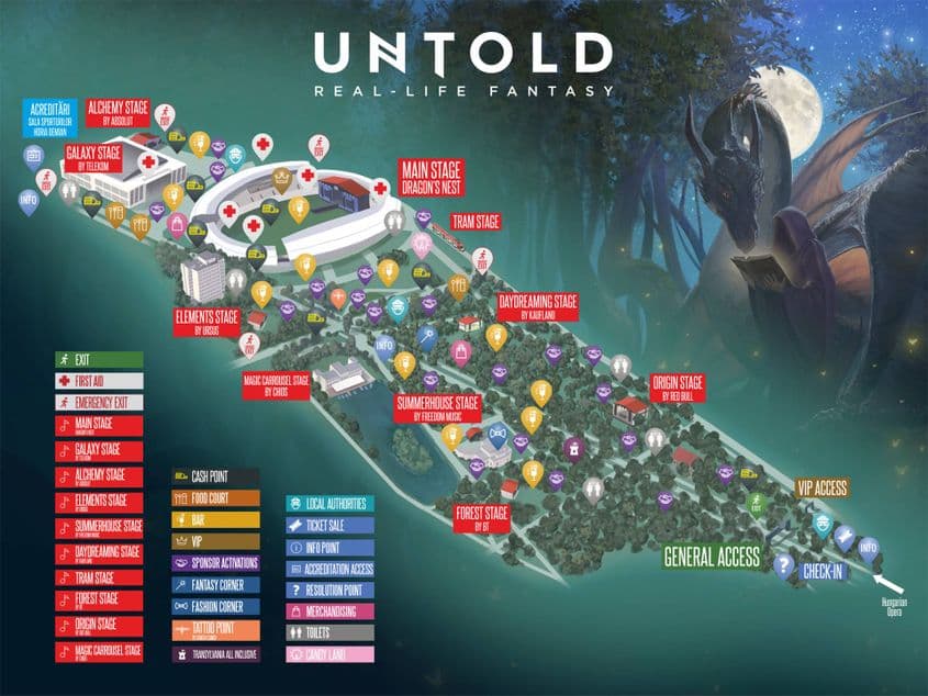 Harta de acces şi scenele festivalului. Parcul Central, Cluj Arena şi Sala Polivalentă sunt privite dinspre sud.