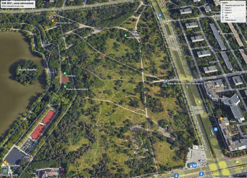 Imagini din satelit cu porțiunea de 12 ha din Parcul „Alexandru Ioan Cuza” incendiată în mod repetat. Foto: Google Earth