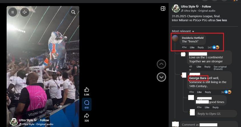 Pasionat de fotbal și fenomenul „ultras”, George Bara chestionează într-un comentariu identitatea microbiștilor francezi. Captură de ecran via Facebook