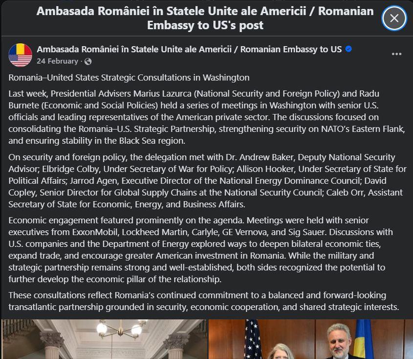 În februarie 2026, consilierii prezidențiali Radu Burnete și Marius Lăzurcă s-au întâlnit la Washington cu directorii SIG Sauer. Captură foto via Facebook