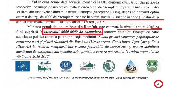 Fragmente din Planul de acțiune pentru conservarea populației de urs brun din România. Proiectul a fost finalizat în octombrie 2019. Paginile succesive, 4-5 din studiu.