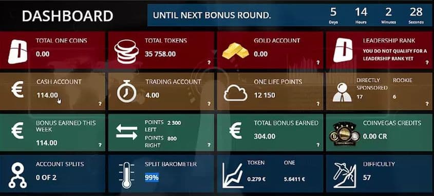 Imagine dintr-un cont OneCoin, care arată ce pachet și-a cumpărat utilizatorul, câte monede și câte token-uri are. Pentru că moneda nu poate fi „minată”, trebuie să cumperi aceste token-uri, cu care achiziționezi mai departe moneda. Contul mai arată câți euro are userul și câte monede în seif (astea nu pot fi scoase timp de un an, dar primești dobândă pentru că le ții acolo).