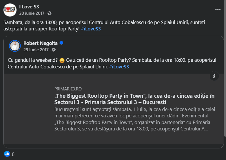 Robert Negoiță spunea în 2017 că nu are bani să se judece cu proprietarii parcului. Câteva luni mai târziu organiza o petrecere la sediul central al firmei Auto Cobălcescu, al cărei patron deține și calitatea de proprietar al parcului. Captură de ecran via Facebook