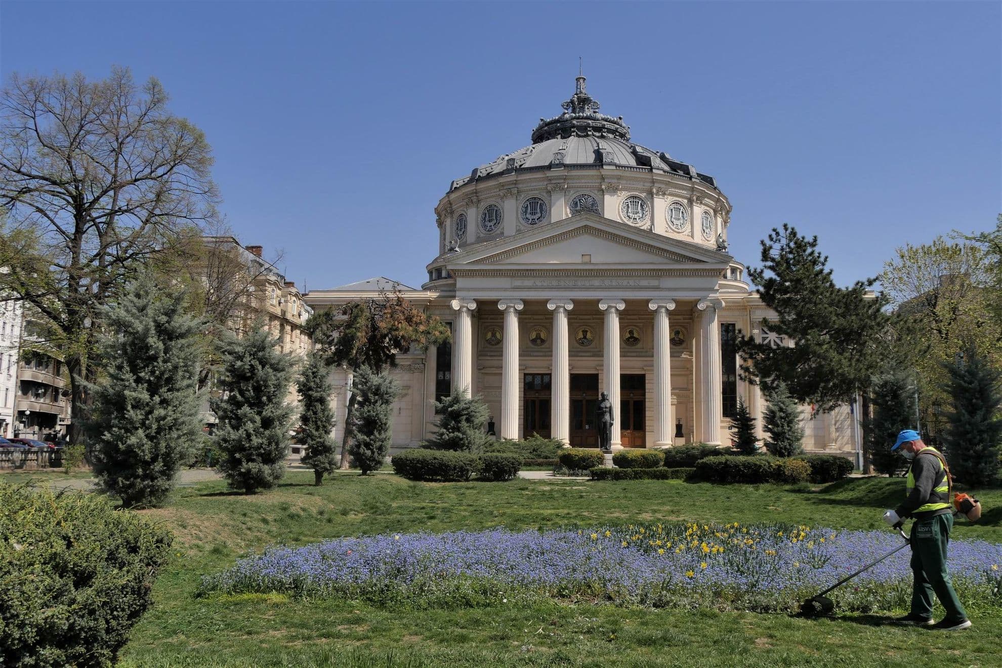 Ateneul Român este înconjurat de o mare de betoane umplută de sute de mașini, iar părculețul obosit din fața lui nu reușește să devină un loc de socializare pe măsura potențialului. Foto: Lucian Muntean