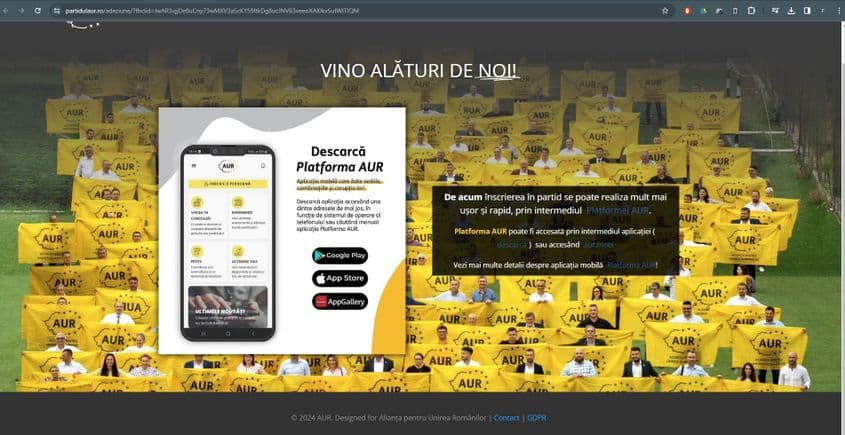 Astăzi, secțiunea „Adeziune” a site-ului AUR te îndeamnă să descarci aplicația și să te înscrii în partid prin ea