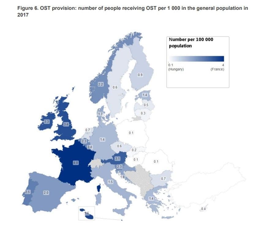Numărul persoanelor care primesc tratament de înlocuire a opioidelor în Europa. Sursa: EMCDDA