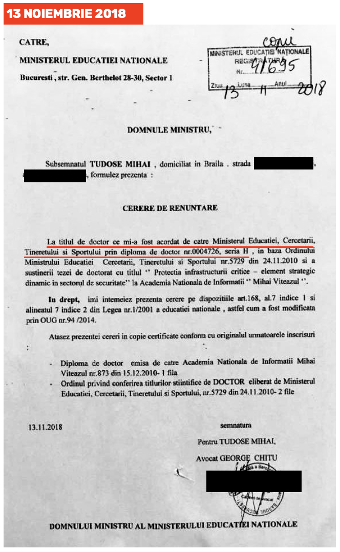 Mihai Tudose face o a doua cerere de renunțare la titlul de doctor prin avocatul George Chițu
