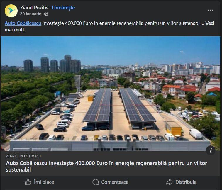 Auto Cobălcescu se laudă că investește în energia regenerabilă. Captură de ecran via Facebook