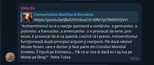 Un fan și promotor al radioului justifică antisemitismul prin cuvintele lui Petre Țuțea. Captură de ecran via Telegaram
