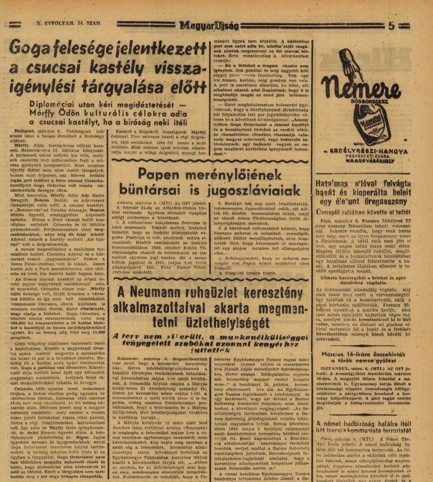 Despre afacerea Goga din Ciucea, într-un ziar maghiar din 1941, Magyar Újság.