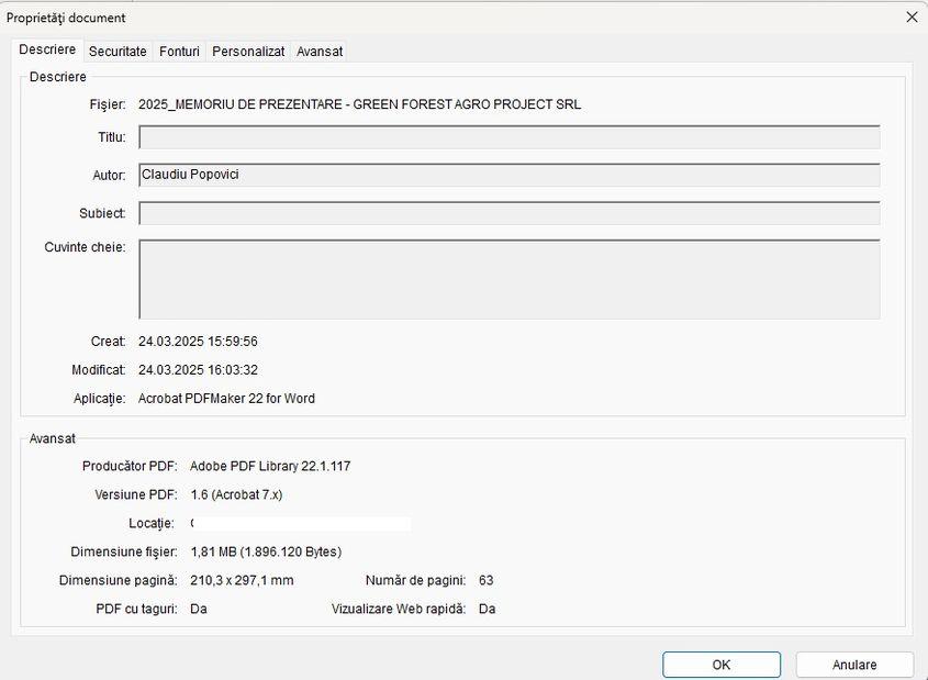 Memoriul de prezentare al proiectului de împădurire a fost redactat înainte ca Marioara Avram să iasă din firmă. Captură de ecran via Adobe Acrobat Reader