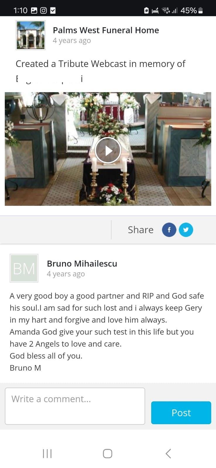 Reacția lui Bruno după ce un partener de origine albaneză din Florida este găsit mort, la doar 31 de ani, în camera de hotel. Captură foto via palmswestfuneralhome.com