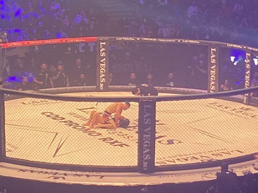 Femeia reușește să se ridice, într-un final. Stă mereu în defensivă și se baricadează cu spatele lipit de cușcă. Își dă seama că nu mai are scăpare și îi simt frica. Dacă s-ar putea face mică-mică, poate ar fugi printr-un ochi al cuștii. Are noroc că se termină runda.