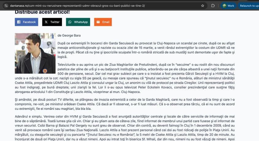 Captură de ecran cu un fragment dintr-un articol semnat de George Bara, scris pe site-ul NapocaNews și preluat, ulterior, de parlamentarul Dan Tanasă pe blogul său.