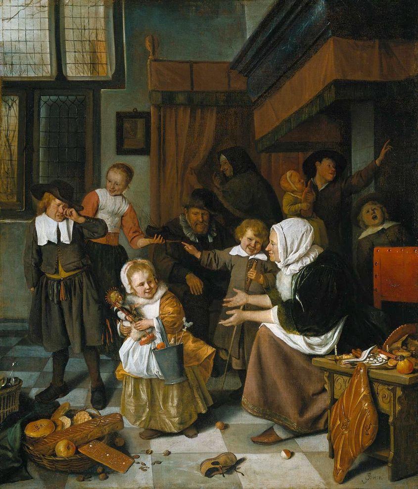 „Ospățul de Sfântul Nicolae”, tablou pictat de olandezul Jan Steen între 1665 și 1668, arată că, la origine, sărbătoarea aducea recompense pentru cei mici și cuminți. Sursa foto: Wikipedia