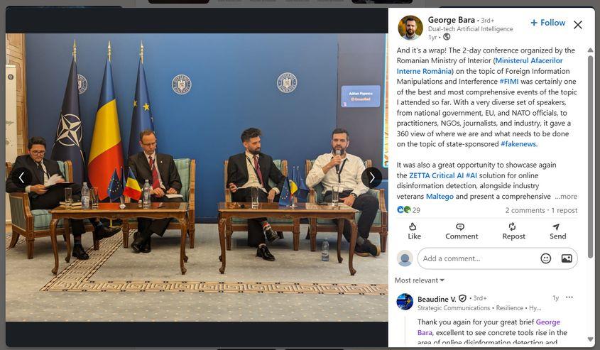 George Bara a fost invitat, în calitate de expert în lupta cu fake news-ul, la mai multe evenimente ale instituțiilor de forță din România. Captură de ecran via LinkedIn