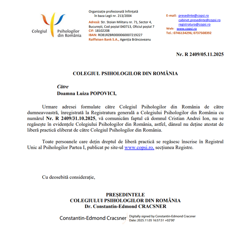 Între timp, Colegiul Psihologilor din România a confirmat oficial pentru PressOne că medicul psihiatru Cristian Andrei Ion nu deține atestat de liberă practică în psihoterapie, așa cum a dezvăluit redacția noastră despre unul dintre cei mai mediatizați psihoterapeuți din România.