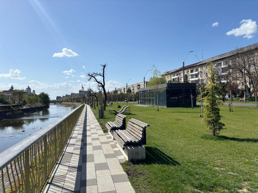 Amenajarea malului râului Săsar (imagine din 2025) nu a ținut cont deloc de nevoia de umbră a celor care se așază pe bănci și a înlocuit copaci maturi cu arbori care vor avea nevoie de zeci de ani pentru a face umbră corespunzător.