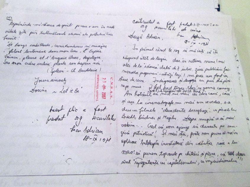 Scrisoare interceptată de Securitate în 1971.