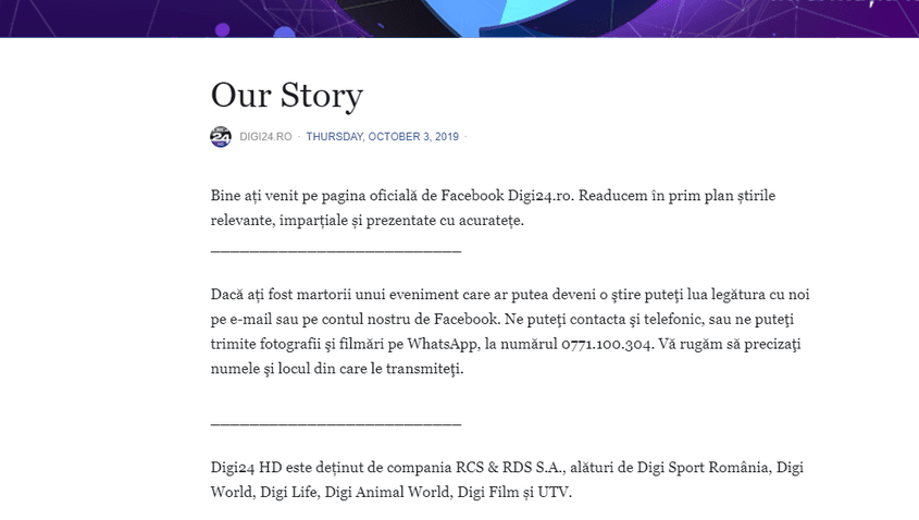 Datele oferite de pagina falsă sunt copiate cuvânt cu cuvânt după datele oferite de pagina oficială a televiziunii Digi24