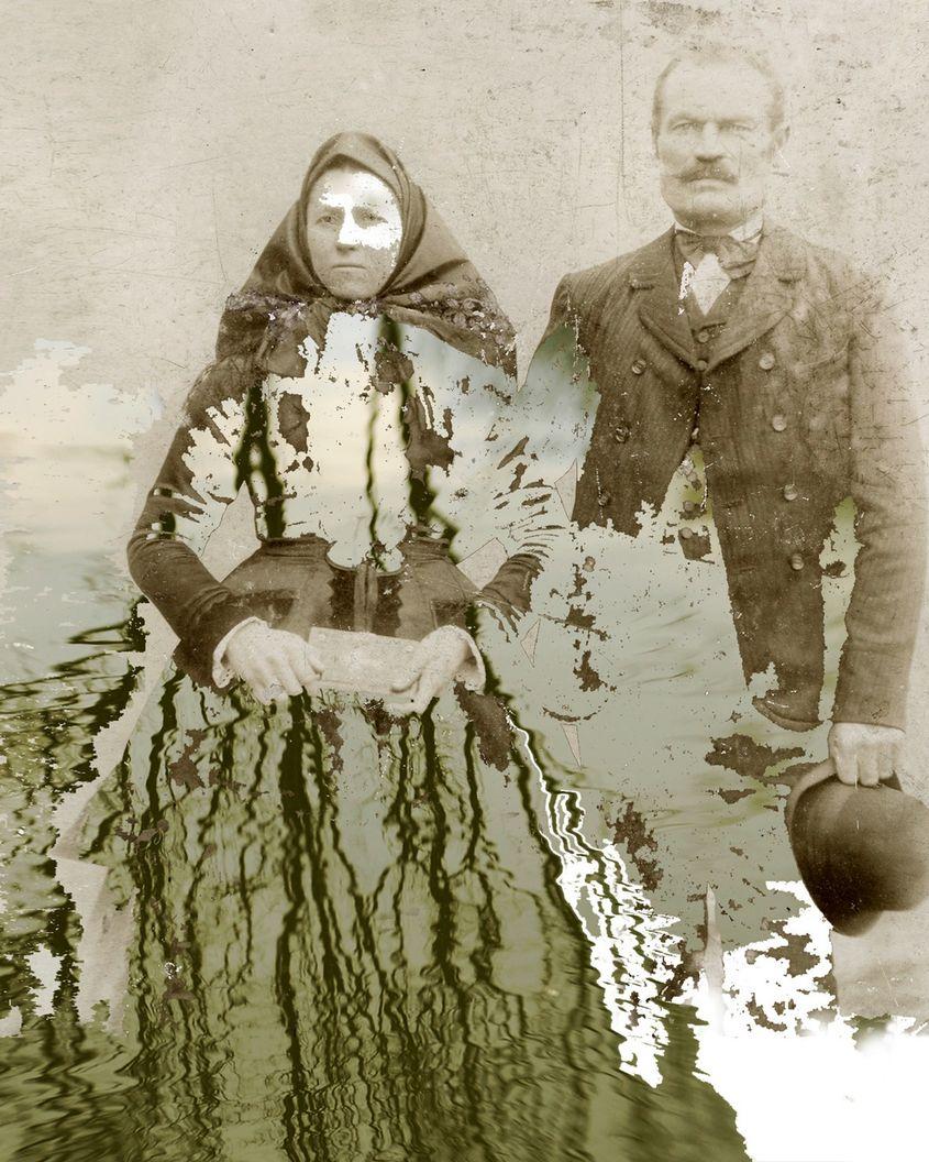 Străbunicii lui Renée Renard, Johann și Rosina Renard (născută Vetier), proprietari ai restaurantului „Zum Goldenen Stern” din Tomnatic. (Prelucrare digitală după o fotografie din 1895.)