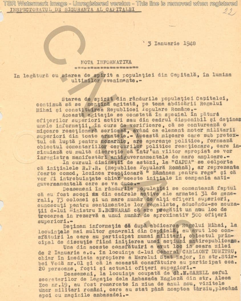Notă din ianuarie 1948 privind starea de spirit a populației după abdicare. Sursa: Arhiva CNSAS