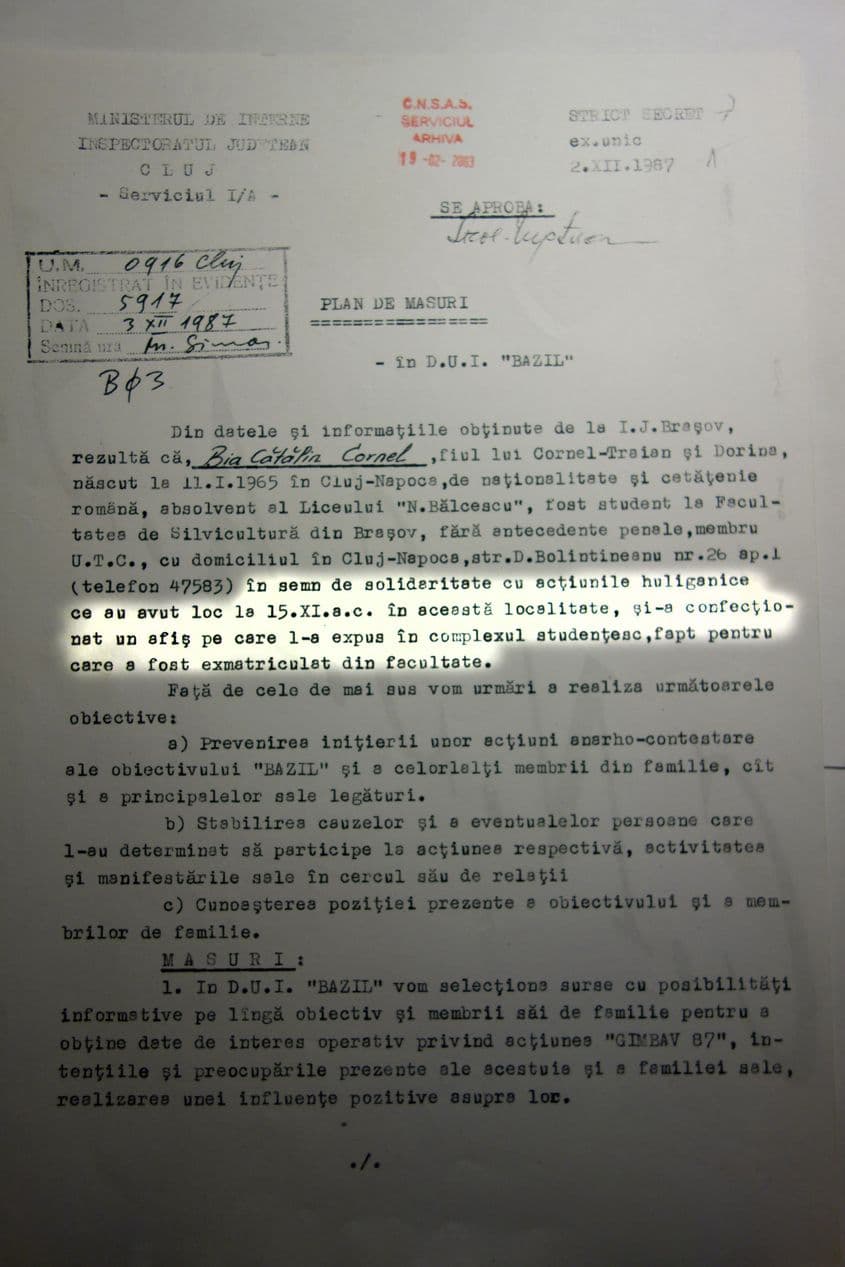 Filă din dosarul de urmărire a lui Cătălin Bia. Sursă: Arhiva CNSAS