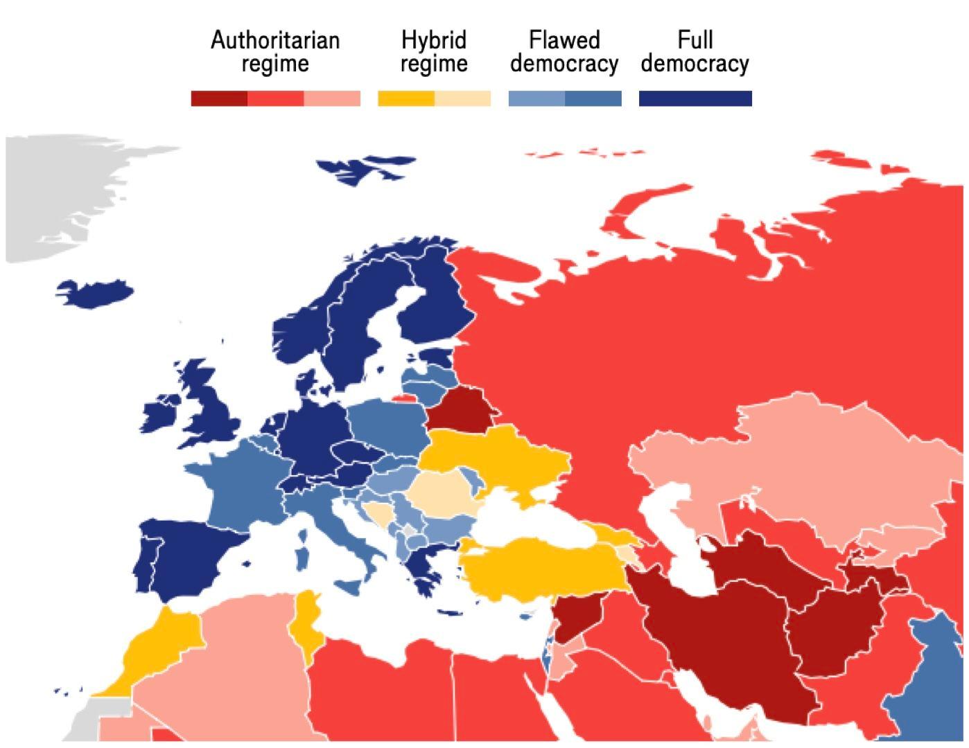 România a devenit singura țară din Uniunea Europeană retrogradată ca “regim hibrid”, conform Democracy Index 2024 (EIU). Alte țări cu regim hibrid de pe continent: Ucraina, Turcia, Georgia, Bosnia, Kosovo. FOTO: EIU