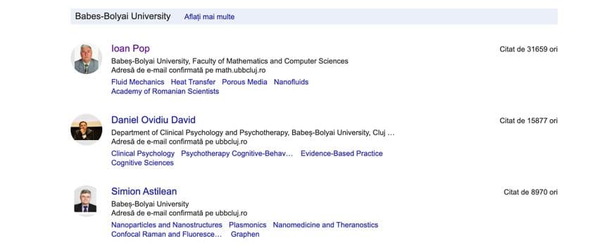 Ierarhia Google Scholar a celor mai citați cercetători din UBB Cluj.