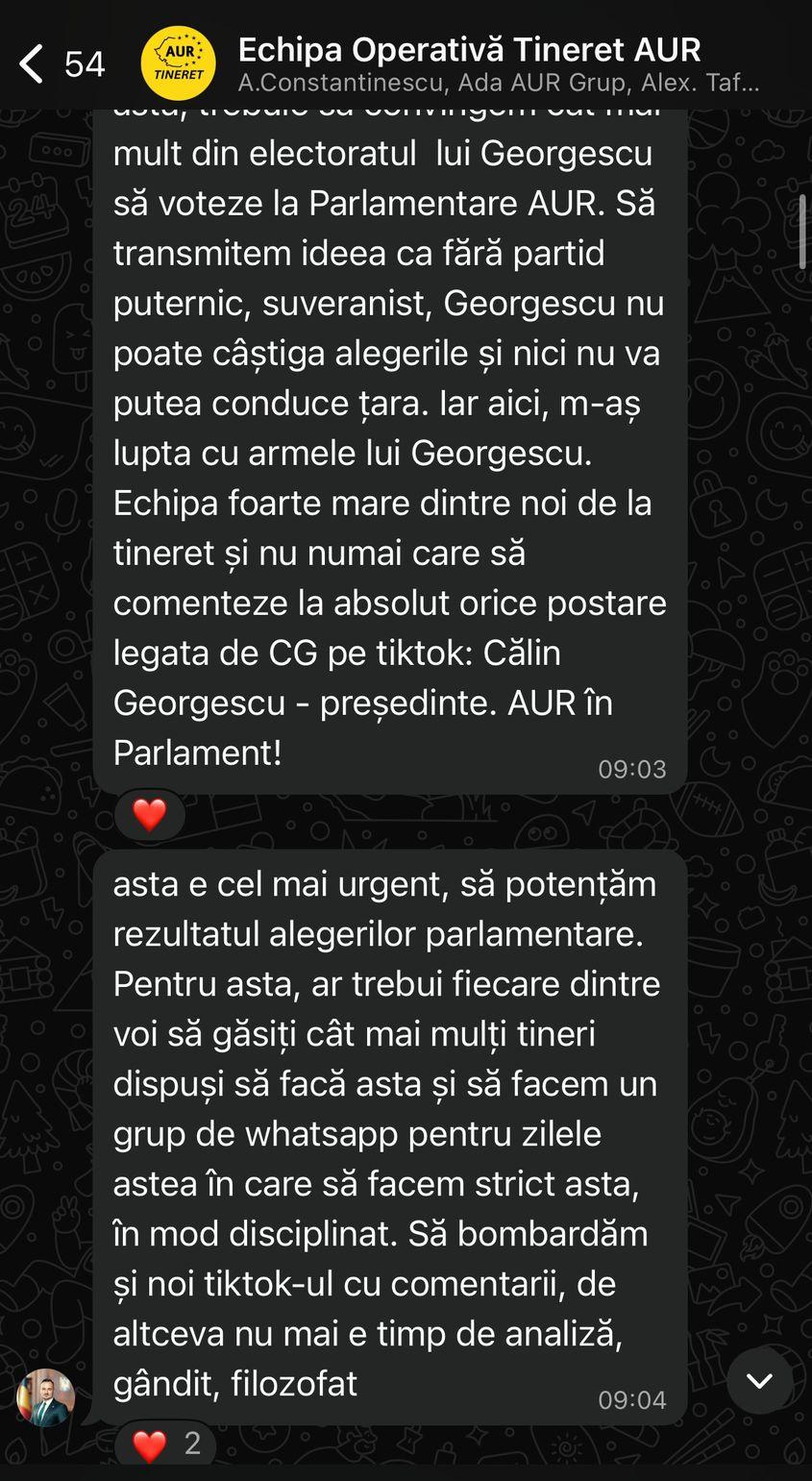 Președintele AUR Tineret argumentează de ce este necesar ca AUR să câștige alegerile parlamentare din 2024. Captură de ecran via WhatsApp