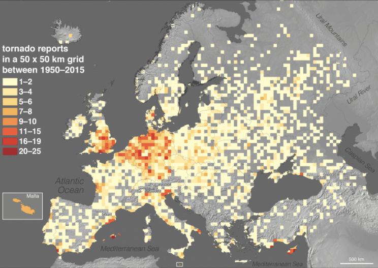O imagine din studiul cercetătorului Bogdan Antonescu, asupra incidenței tornadelor din Europa în perioada 1950-2015.