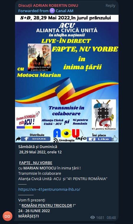 Motocu si Adrian Robertin Dinu s-au promovat reciproc în ultimii ani. Captură de ecran via Telegram