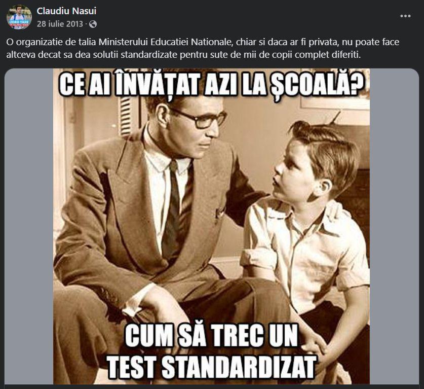 Năsui are aceleași idei despre educație de când îl știu. Captură foto via Facebook