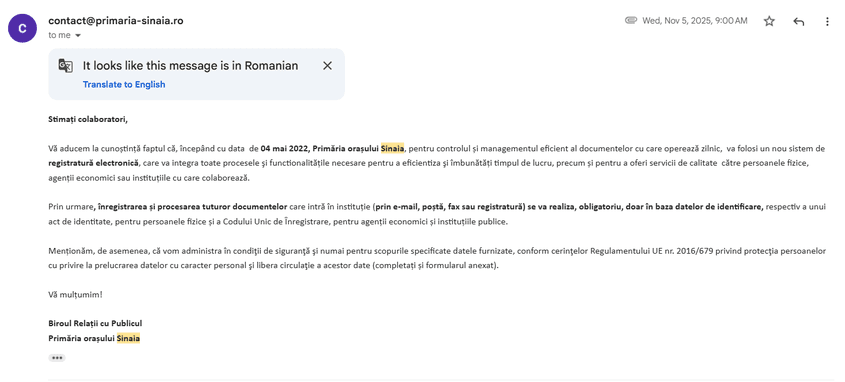 Răspunsul primăriei Sinaia la prima solicitare făcută de PressOne