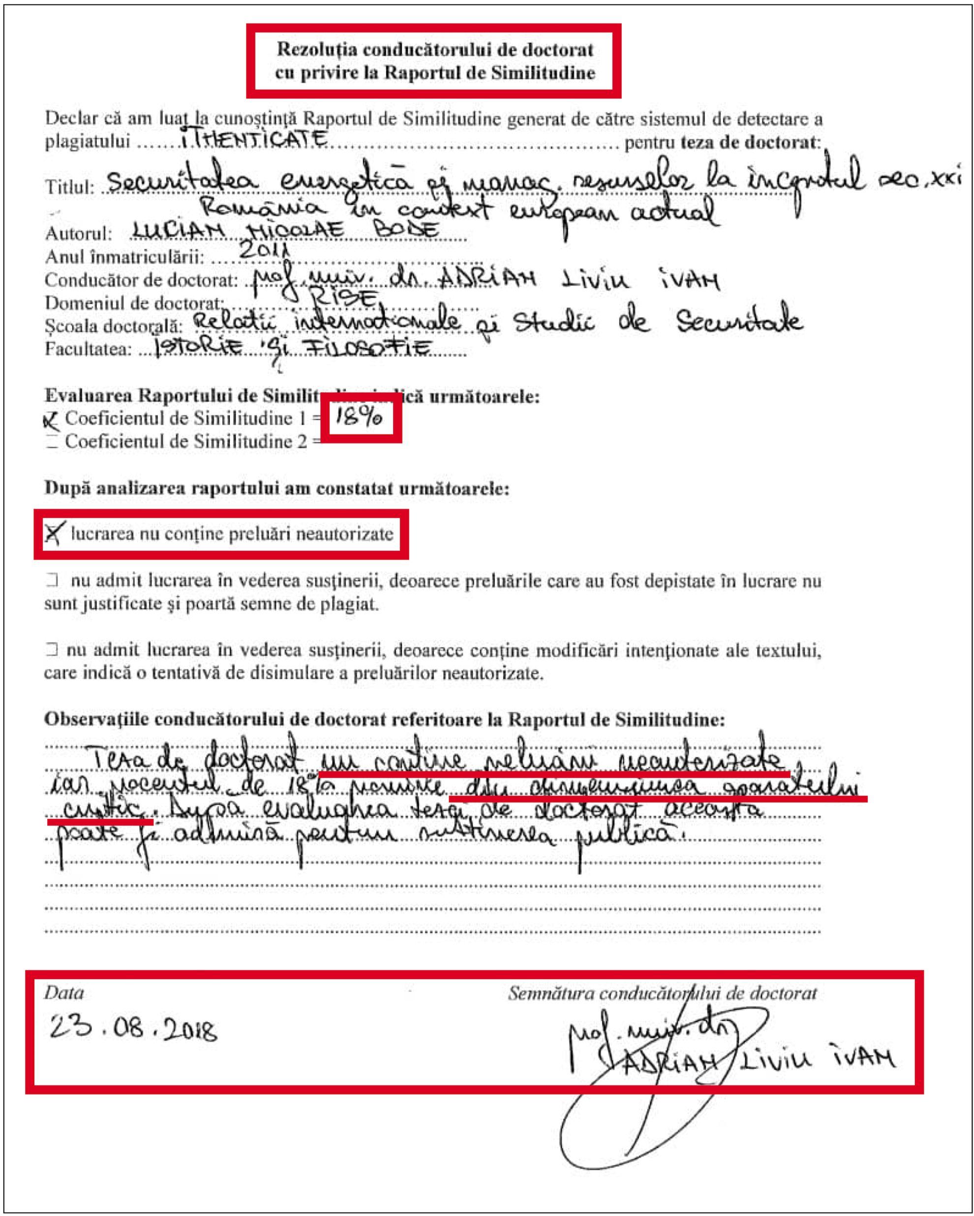 Raportul prin care coordonatorul de doctorat Adrian Ivan a certificat, în 2018, că lucrarea științifică a actualului ministru de Interne “nu conține preluări neautorizate”. FOTO: Lucian Bode, Facebook.