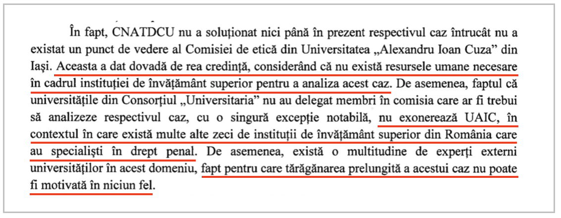 Fragment din documentul CEMU din 25.07.2019 în care este menționată „reaua credință” a universității ieșene în soluționarea „cazului Olaru”