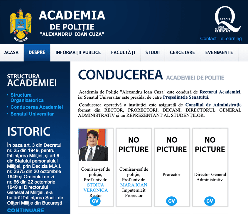 La patru zile de la instalarea oficială a lui Florin Mihăilă, pe site-ul Academiei încă figurează ca rector Veronica Stoica. FOTO: Academia de Poliție, captură de ecran