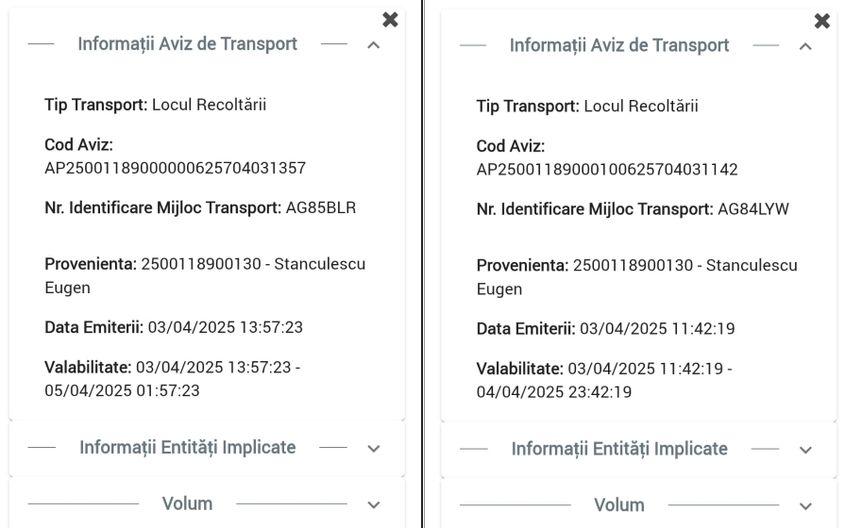 Cele două mașini care au plecat în data de 3 aprilie cu arborii tăiați în parc. Capturi de ecran via inspectorulpadurii.ro
