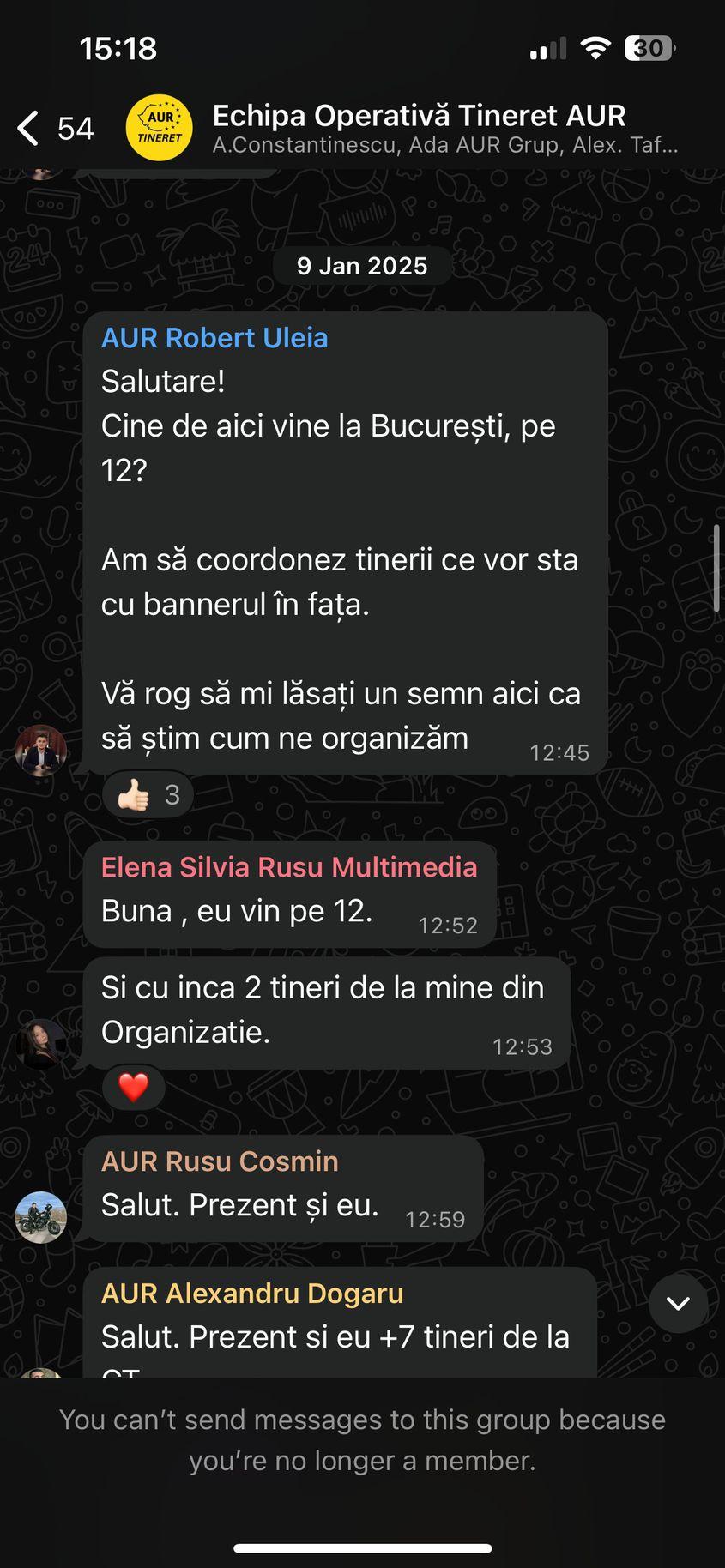 Uleia se implică în coordonarea unei acțiuni de stradă AUR. Captură de ecran via WhatsApp