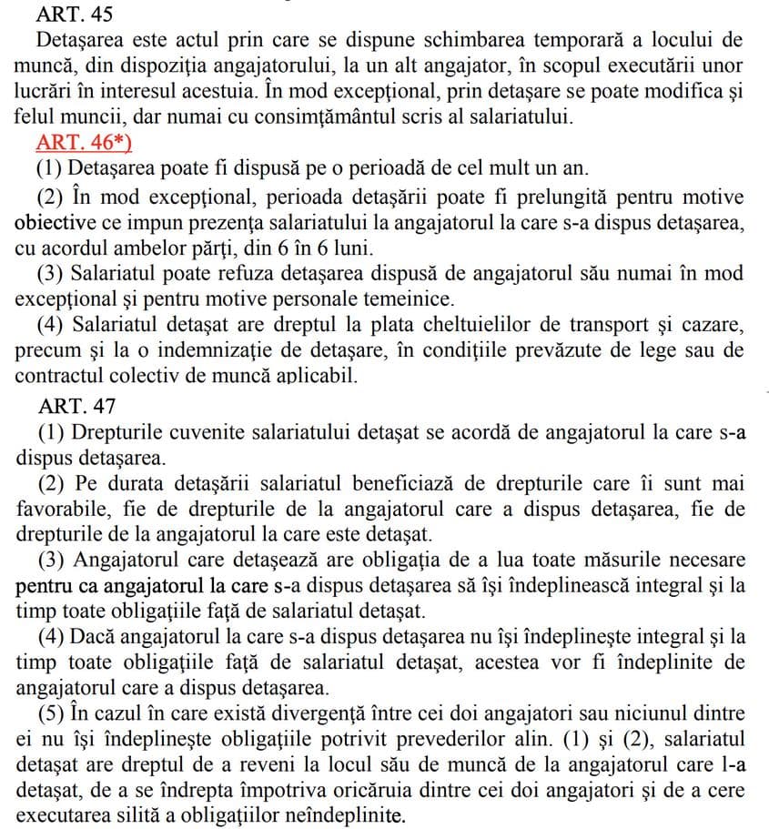 Cele trei articole din Codul Muncii care reglementează detașarea angajaților. Aceasta nu se face cu permisiunea angajatului și nicăieri nu este precizată o distanță maximă față de domiciliu la care acesta poate fi detașat. Sursa: mmuncii.ro