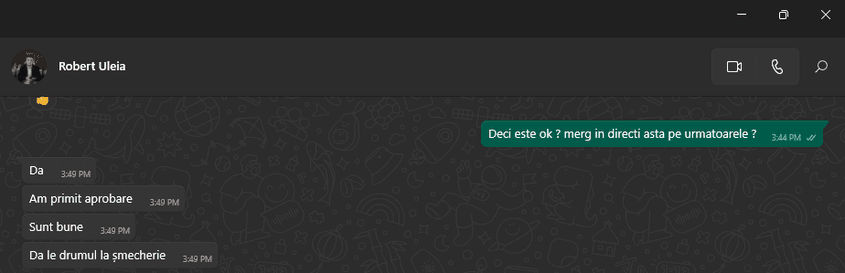 Radu, pe care Uleia pretinde că nu și-l amintește, primește feedback pozitiv pentru niște clipuri. Captură de ecran via WhatsApp