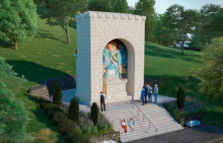 Mausoleul în care este îngropat Octavian Goga, aflat pe domeniul de la Ciucea, într-o imagine procesată a proiectului de restaurare făcută publică de Consiliul județean Cluj