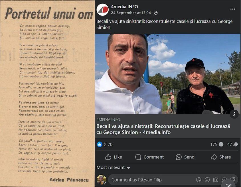 Dacă Ceaușescu era slujit de mari cărturari ai neamului românesc, George Simion trebuie să se mulțumească cu sprijinul lui Gigi Becali. Capturi foto via România Liberă (1975) și Facebook