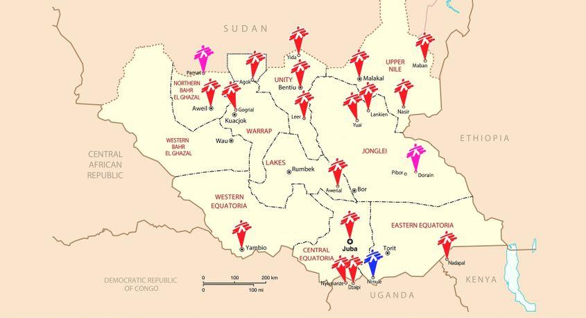 O hartă a celor de la MSF cu misiunile din Sudanul de Sus. În nord, chiar la graniță, se află localitatea Agok.