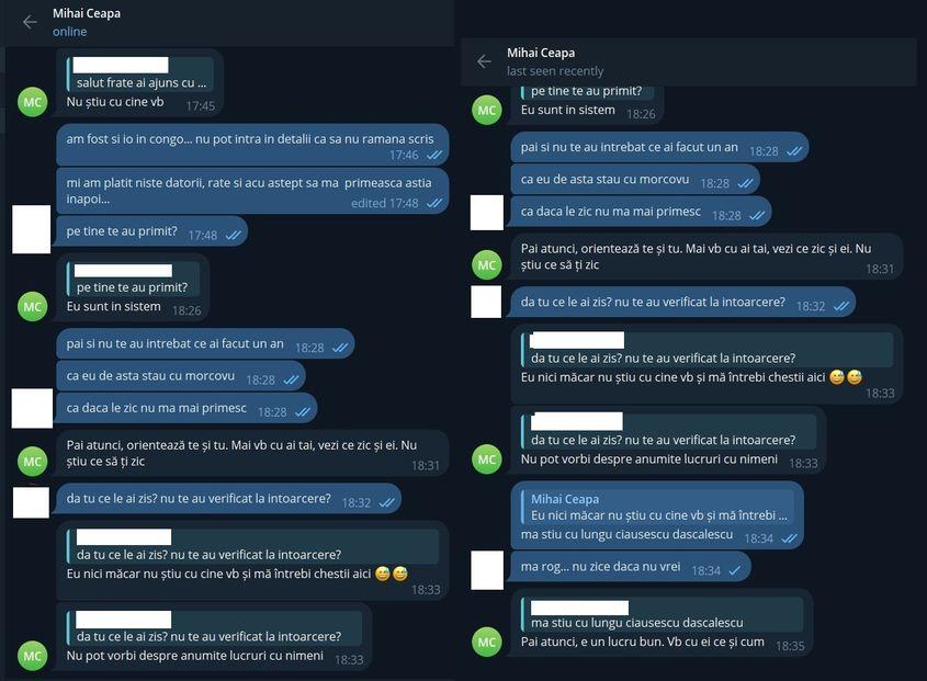 Deși sceptic, Mihai Ceapă dă de înțeles că reporterul PressOne poate întra înapoi în sistem, chiar dacă a fost în Congo. Capturi de ecran via Telegram